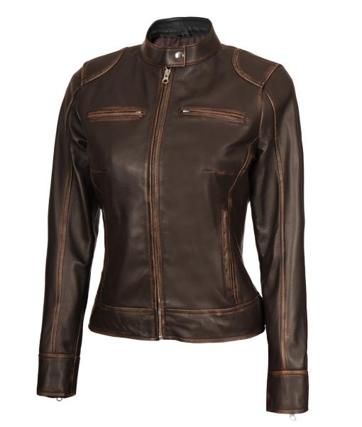 Women’s Distressed Brown Biker Leather Jacket