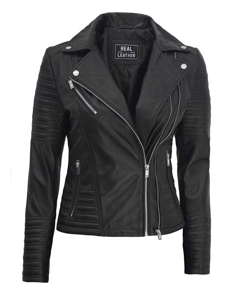 Sumi Womens Black Asymmetrical Biker Leather Jacket