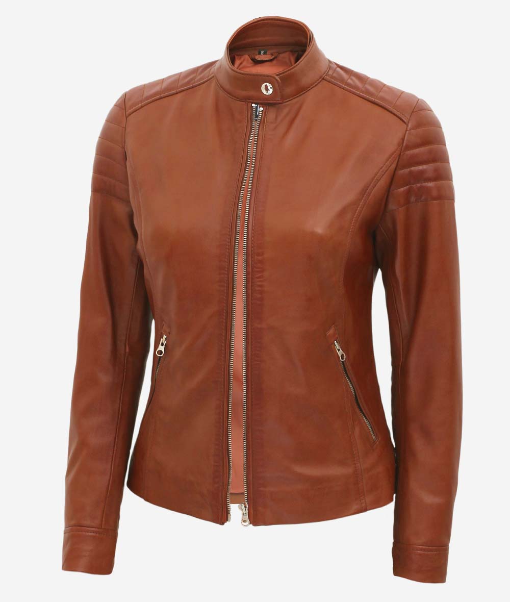 Carmie Women's Tan Padded Cafe Racer Leather Jacket