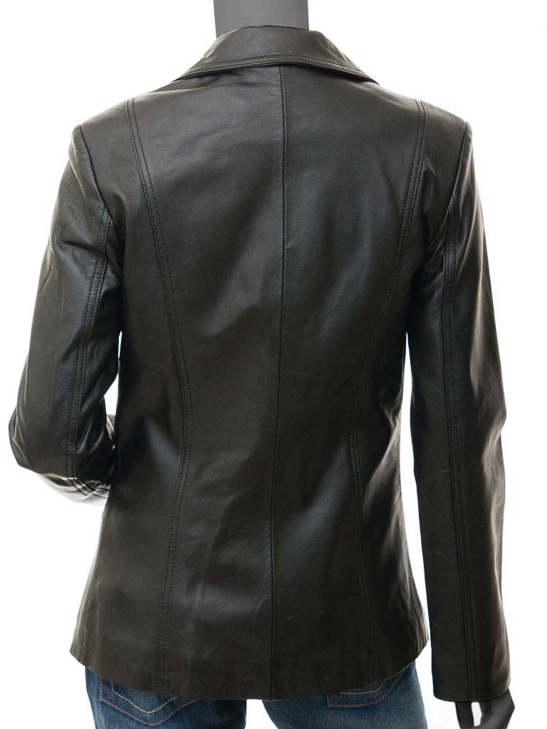 Woman's Wide Lapel Two Button Black Leather Blazer Coat