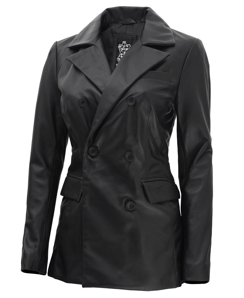 Double Breasted Black Leather Coat Women