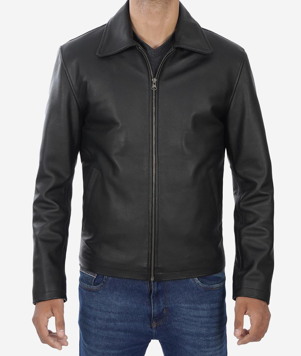 Mens Black Shirt Collar Leather Cowhide Jacket