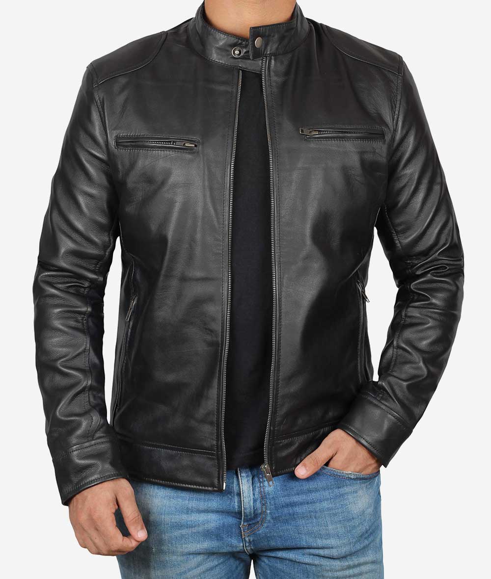 Sumis Mens Lambskin Black Cafe Racer Leather Jacket