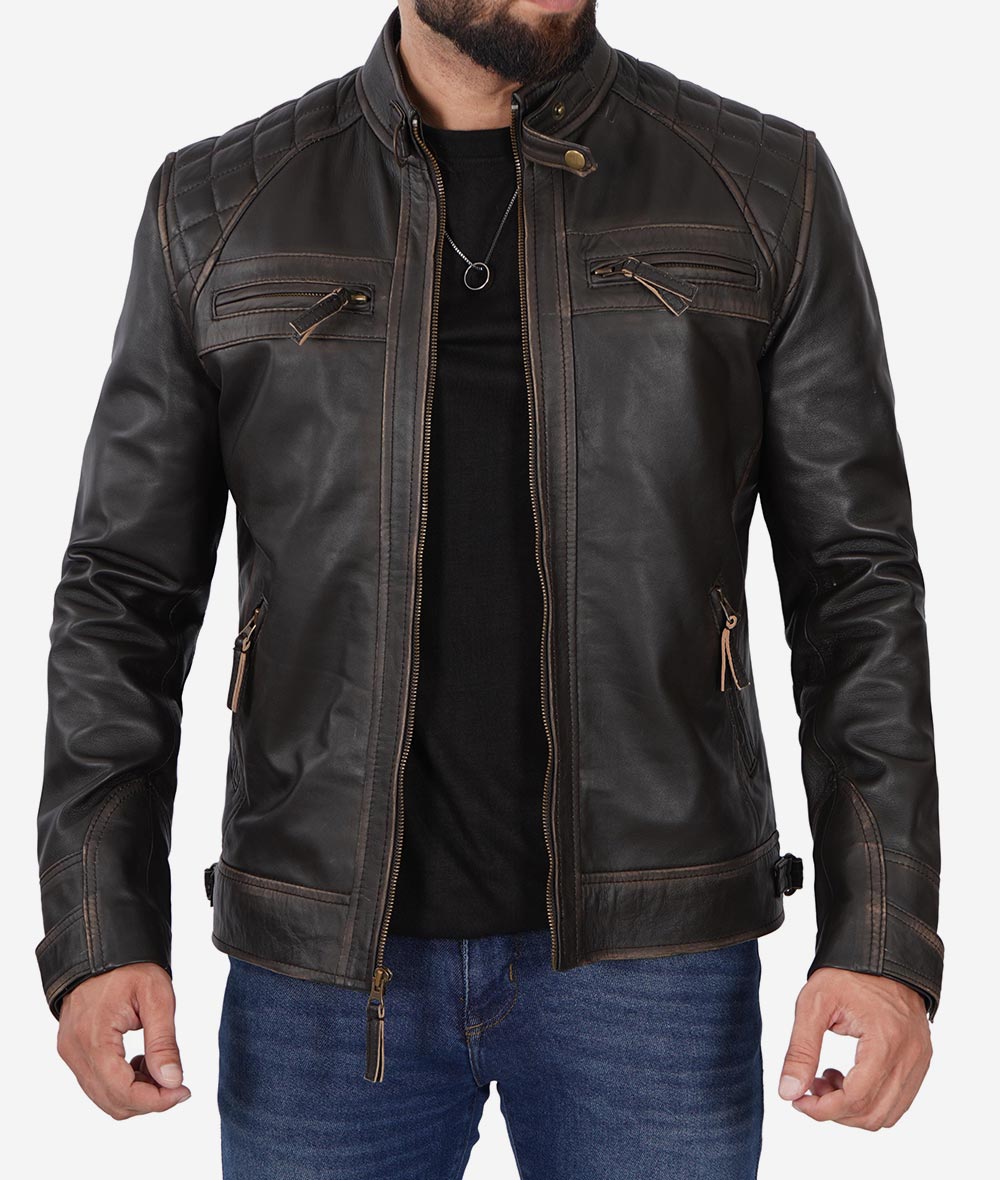 Sumis Men's Distressed Brown Leather Biker Jacket