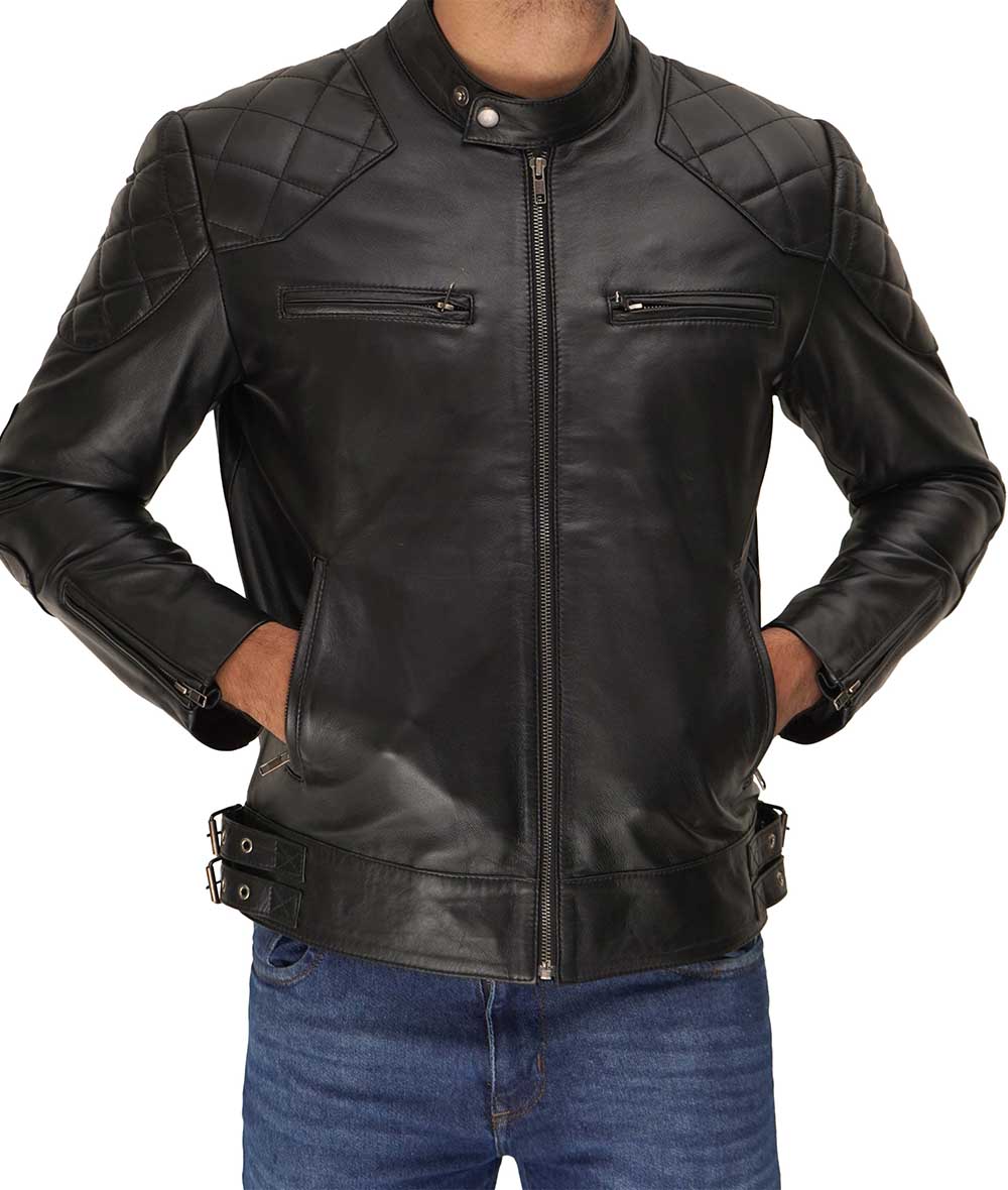Anatoly Mens Black Leather Cafe Racer Jacket