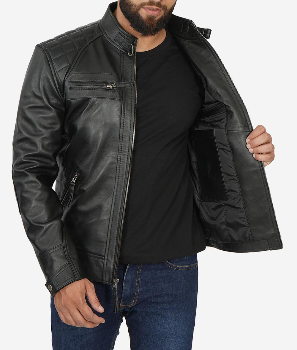 Men's Quilted Shoulder Black Cafe Racer Leather Jacket
