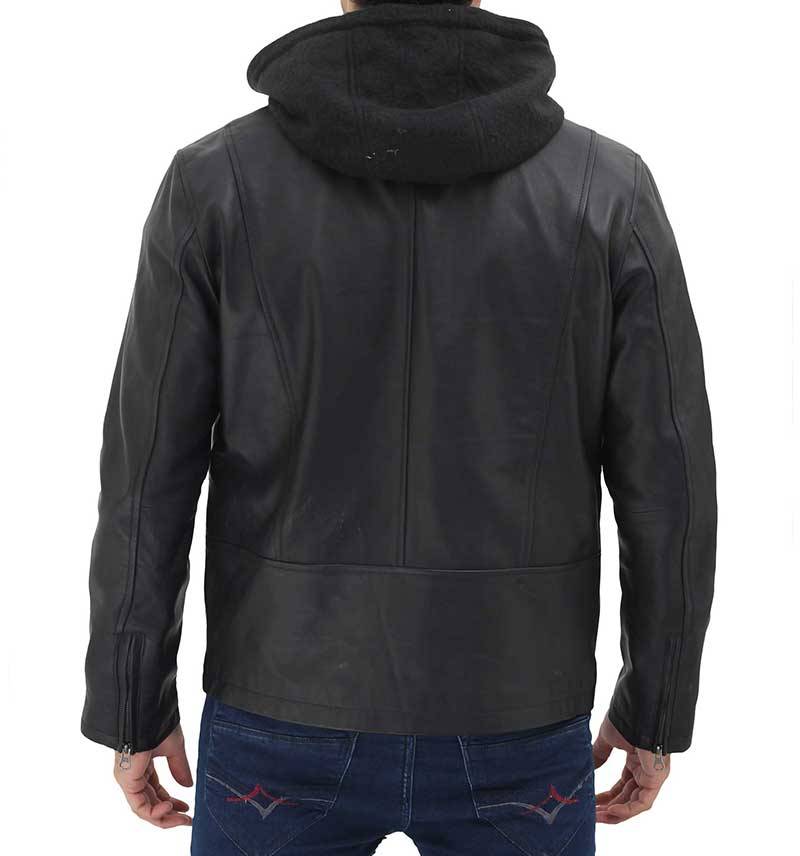 Anatoly Black Leather Jacket with Removable Hood Mens