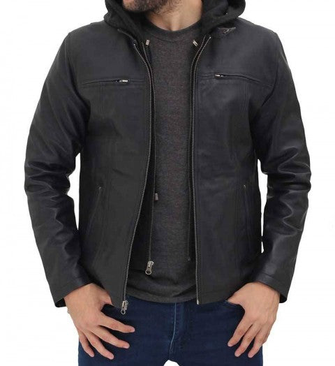 Anatoly Black Leather Jacket with Removable Hood Mens