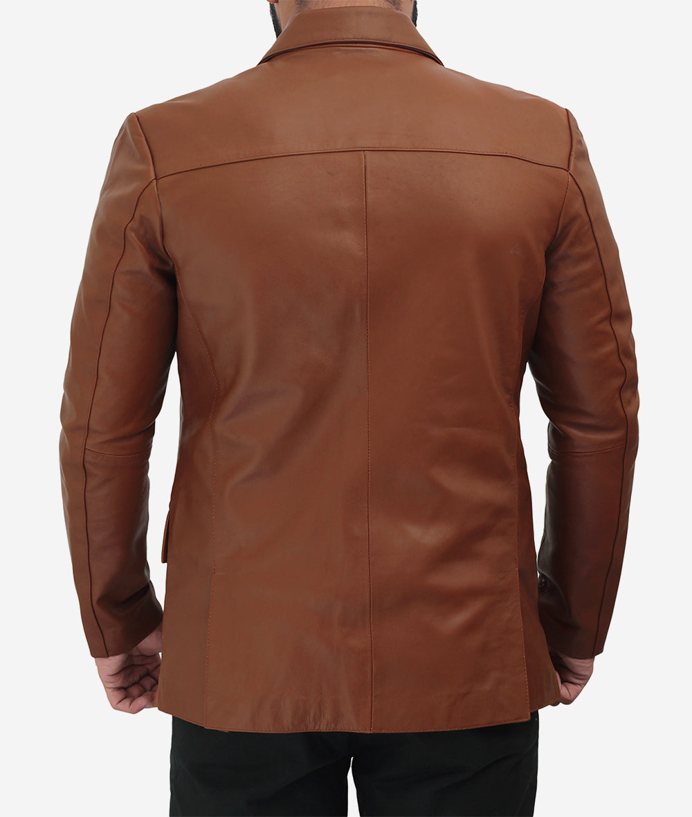 Anatoly Mens Two Button Camel Color Leather Blazer