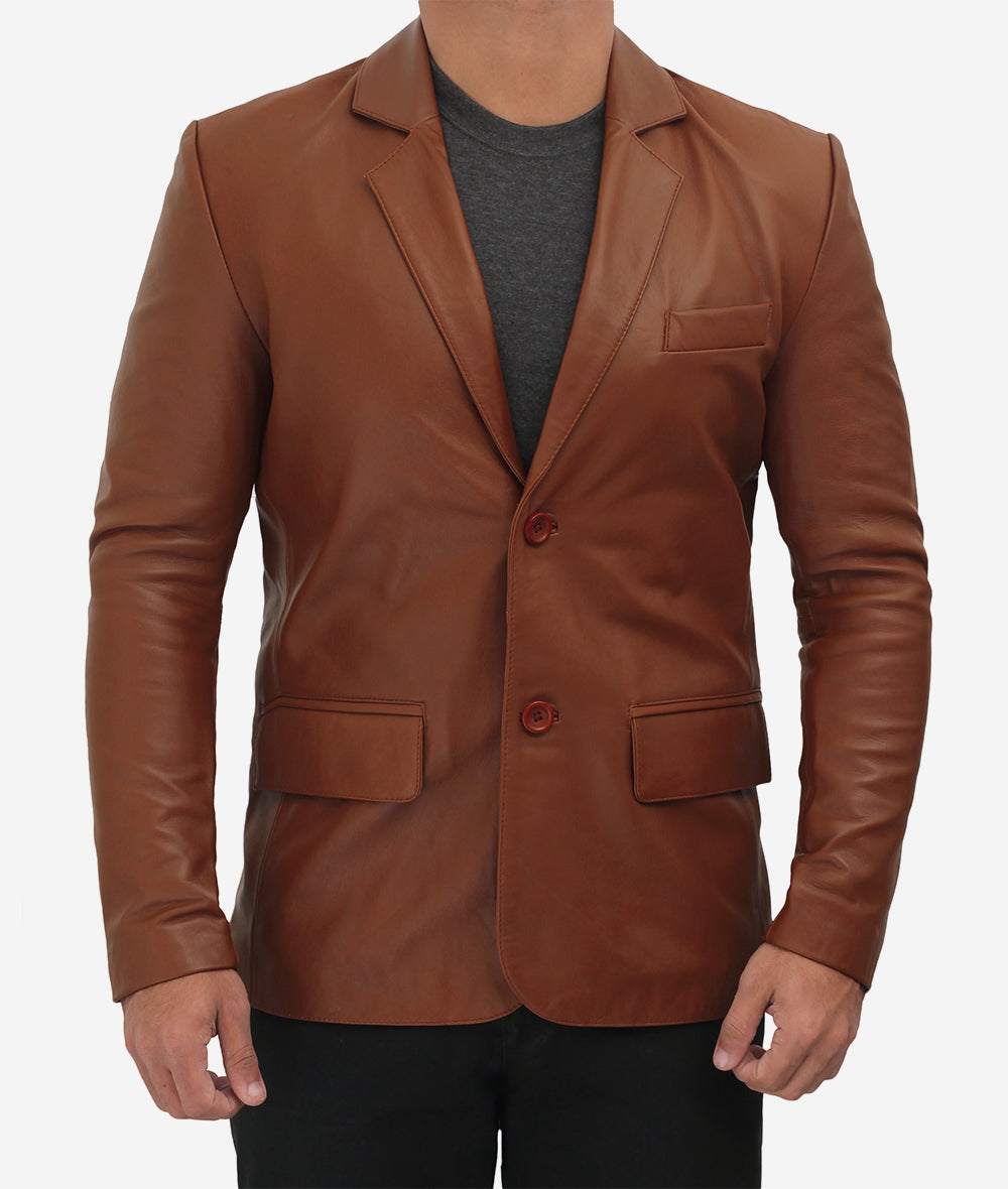 Anatoly Mens Two Button Camel Color Leather Blazer