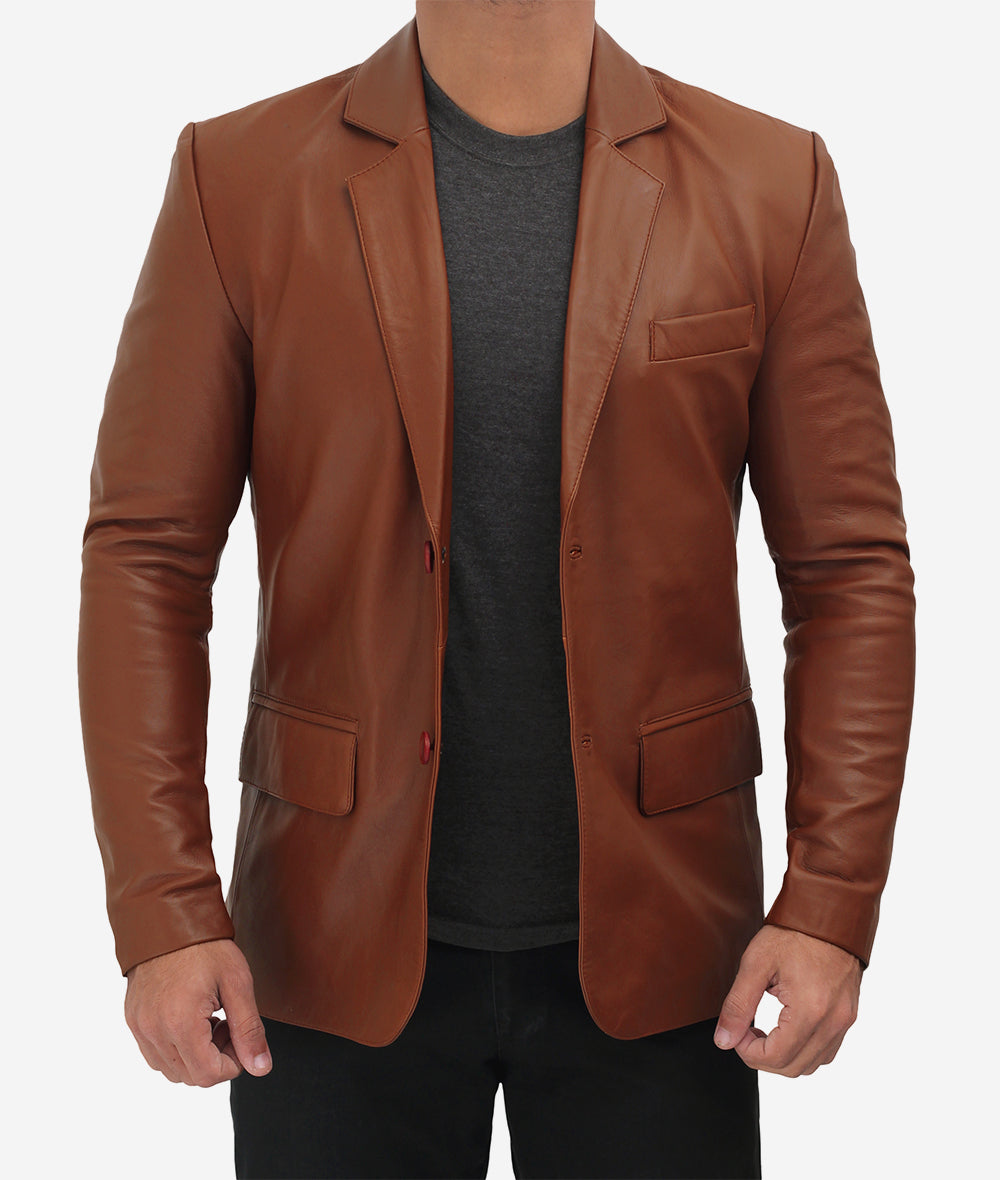 Anatoly Mens Two Button Camel Color Leather Blazer