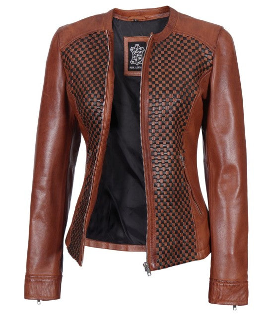 Lory Brown Women's Leather Cafe Racer Jacket with Texturing
