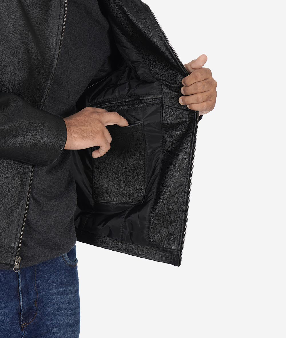 Mens Black Shirt Collar Leather Cowhide Jacket