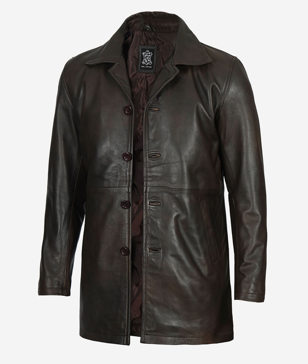 Men Distressed Brown 3/4 Length Leather Coat