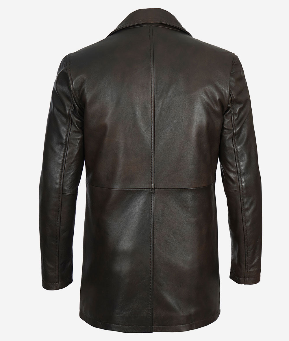 Men Distressed Brown 3/4 Length Leather Coat