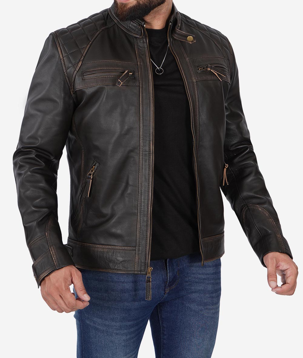 Sumis Men's Distressed Brown Leather Biker Jacket