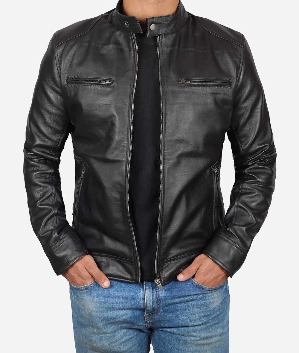 Sumis Mens Lambskin Black Cafe Racer Leather Jacket