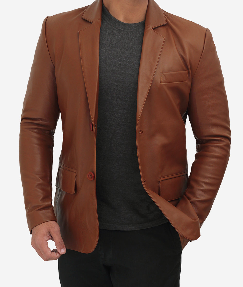 Anatoly Mens Two Button Camel Color Leather Blazer