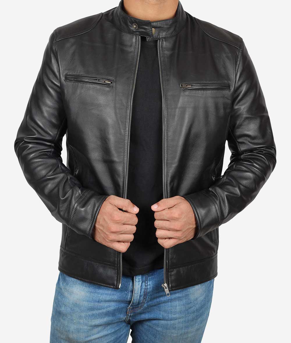 Sumis Mens Lambskin Black Cafe Racer Leather Jacket