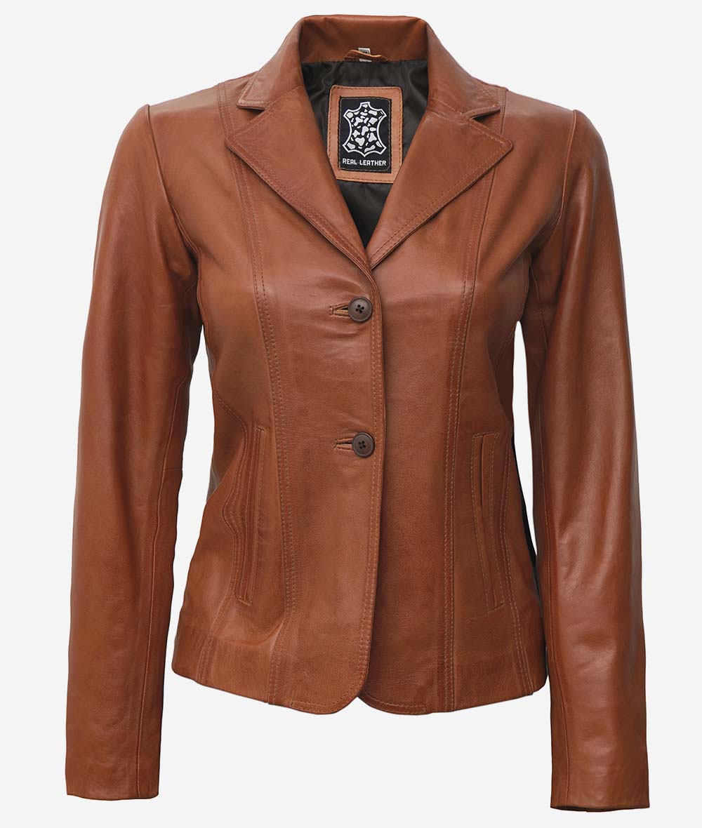 Women's Wide Lapel Two Button Tan Leather Blazer