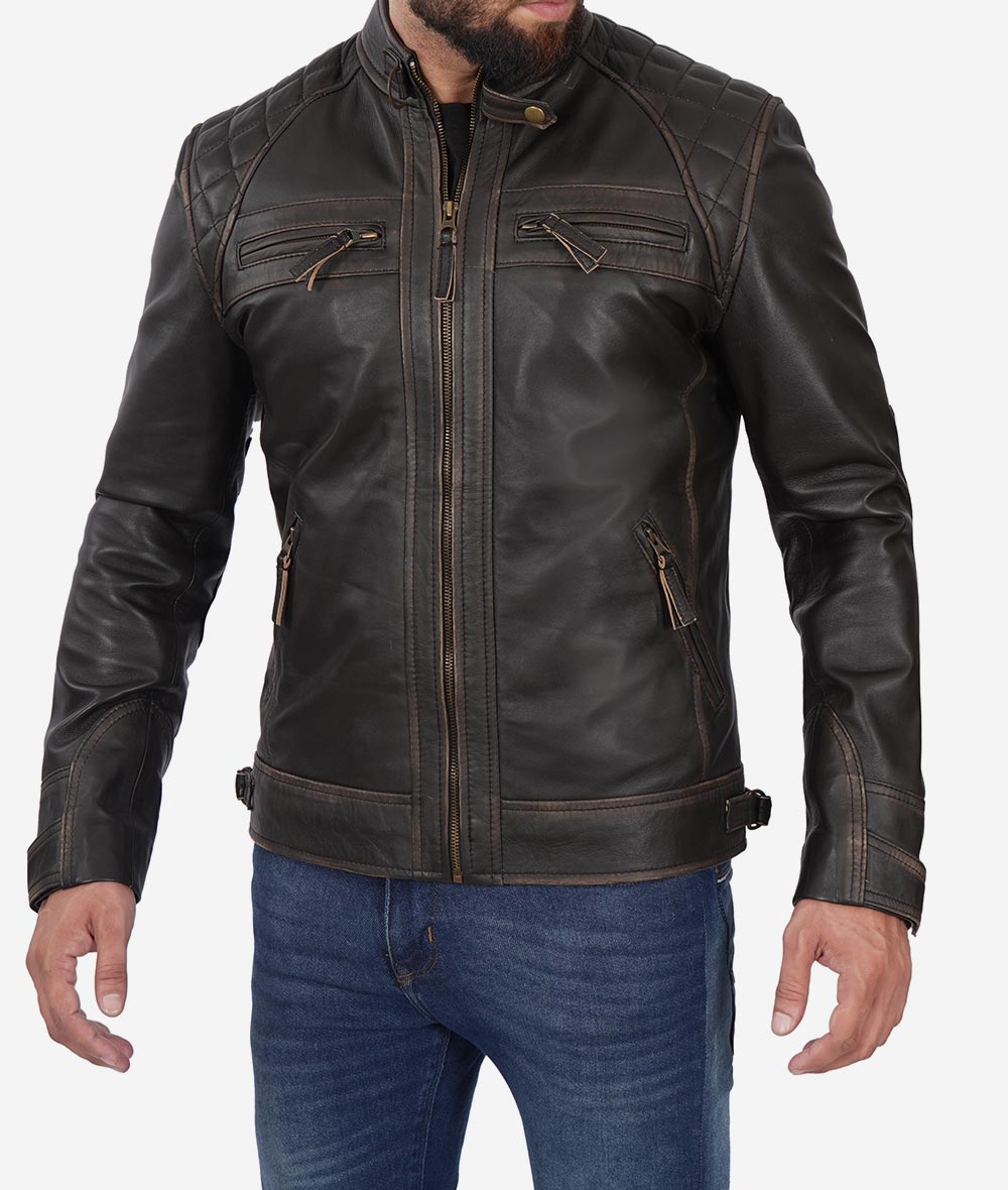 Sumis Men's Distressed Brown Leather Biker Jacket