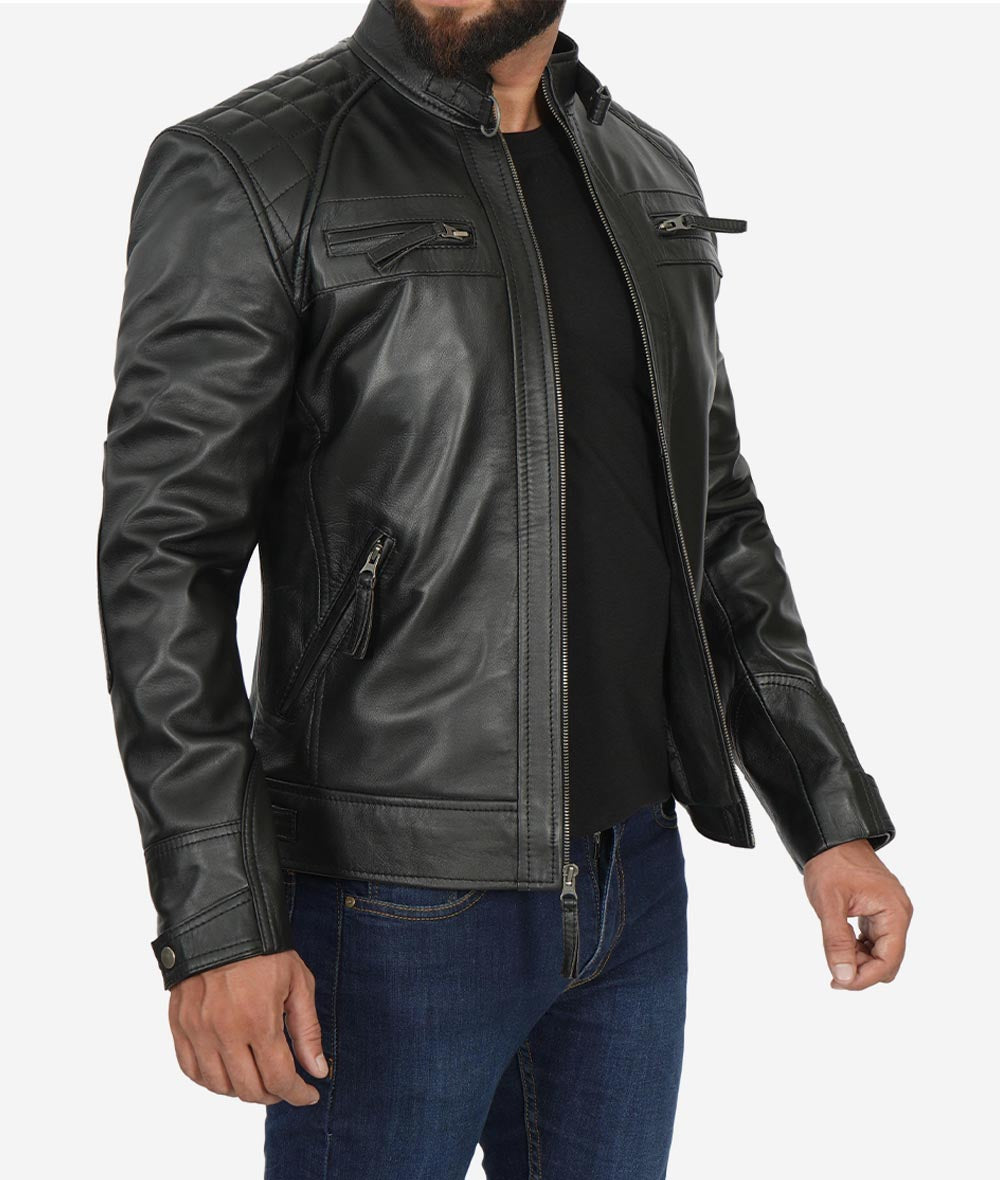Men's Quilted Shoulder Black Cafe Racer Leather Jacket
