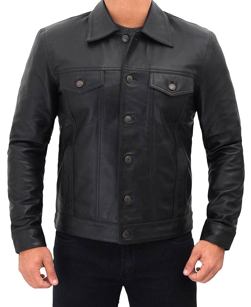 Men's Four Pockets Black Leather Trucker Jacket