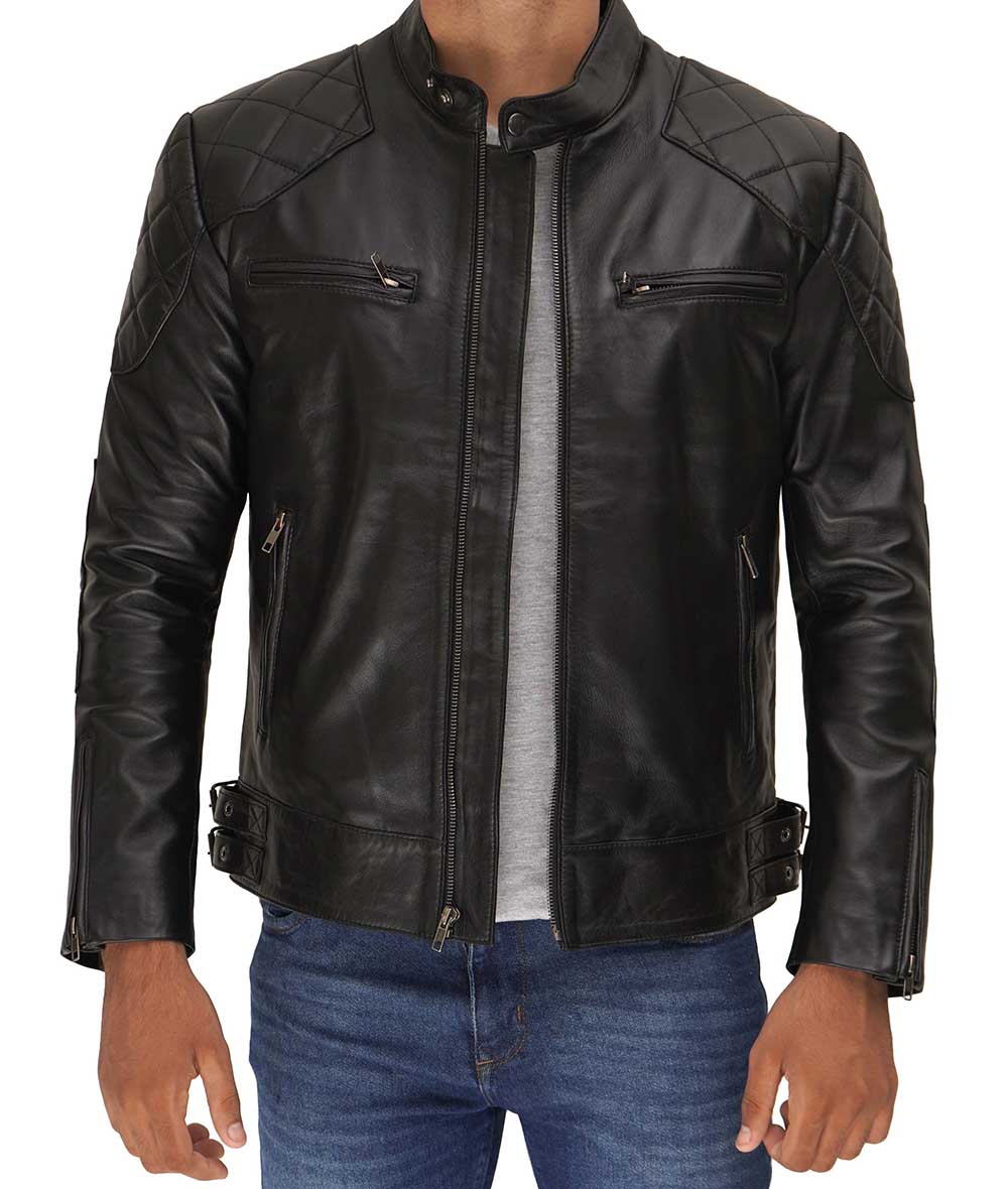 Anatoly Mens Black Leather Cafe Racer Jacket