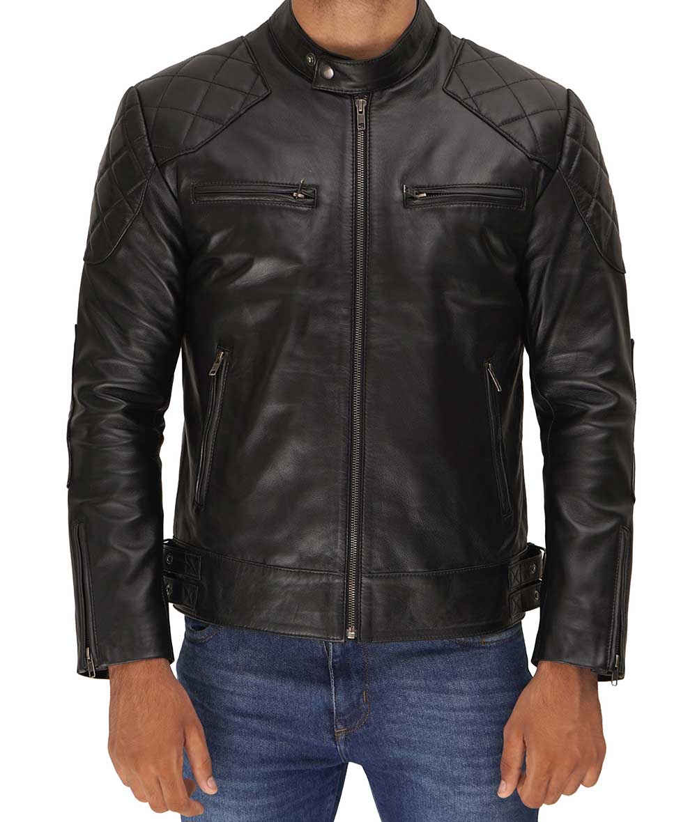 Anatoly Mens Black Leather Cafe Racer Jacket