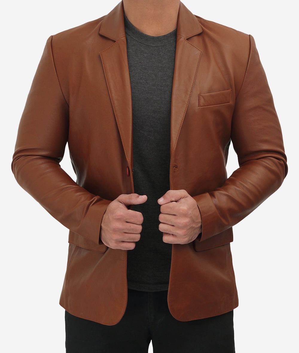 Anatoly Mens Two Button Camel Color Leather Blazer