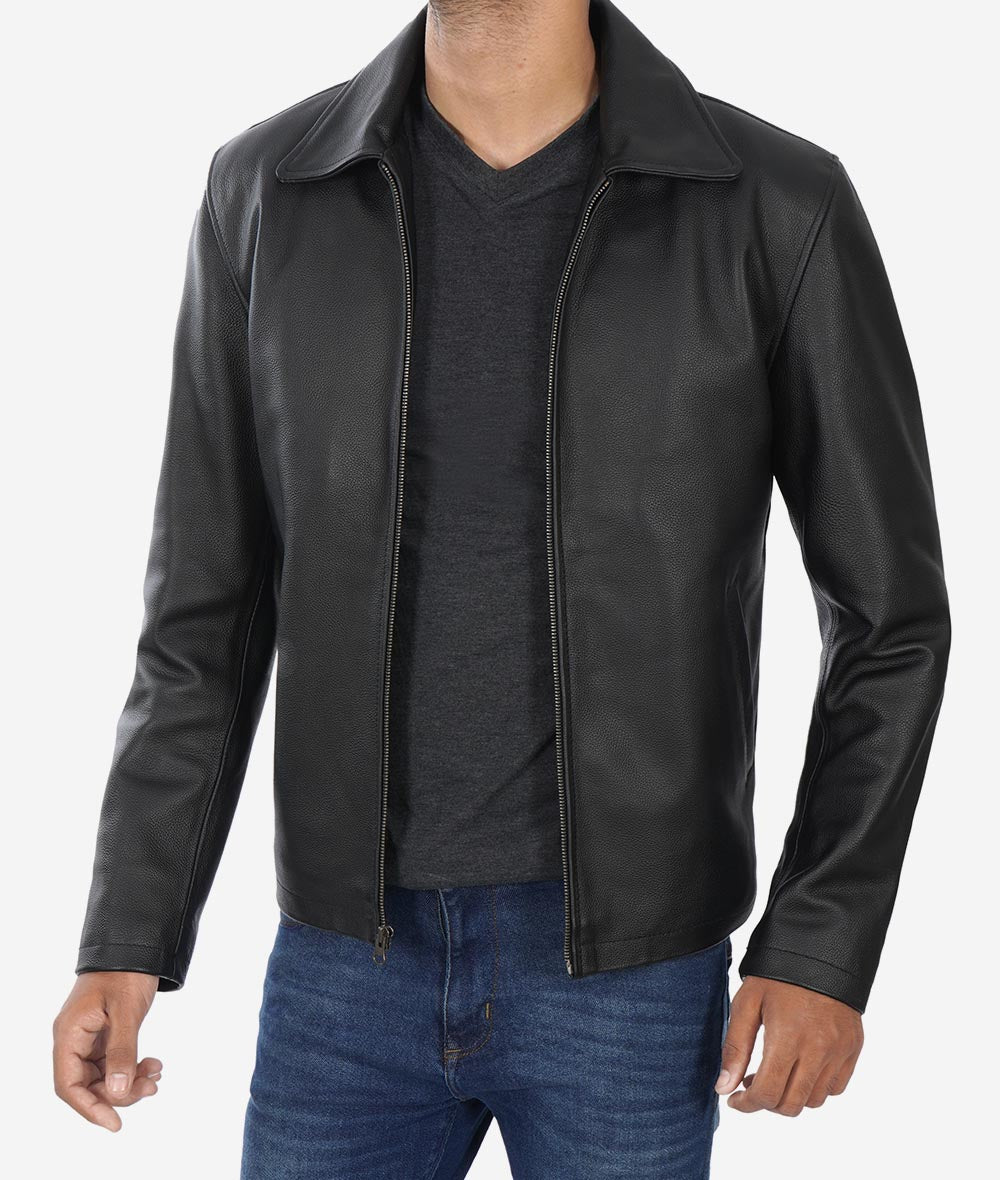 Mens Black Shirt Collar Leather Cowhide Jacket