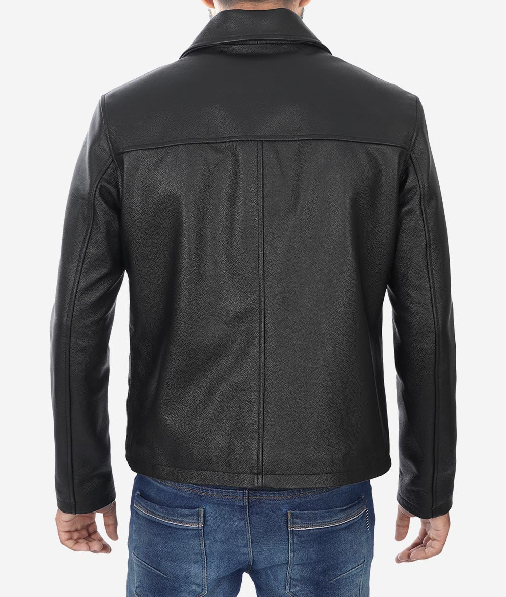 Mens Black Shirt Collar Leather Cowhide Jacket