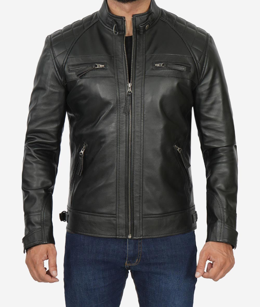 Men's Quilted Shoulder Black Cafe Racer Leather Jacket