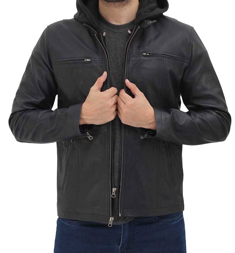 Anatoly Black Leather Jacket with Removable Hood Mens