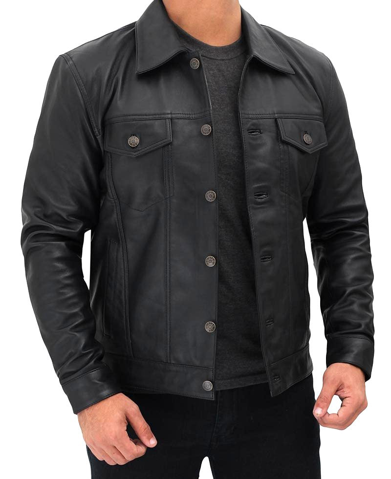 Men's Four Pockets Black Leather Trucker Jacket