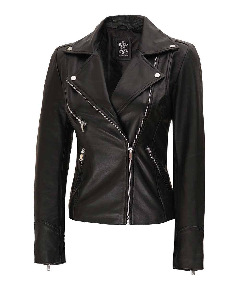 Sumi Womens Asymmetrical Black Leather Moto Jacket