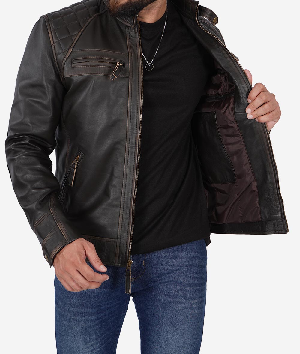 Sumis Men's Distressed Brown Leather Biker Jacket