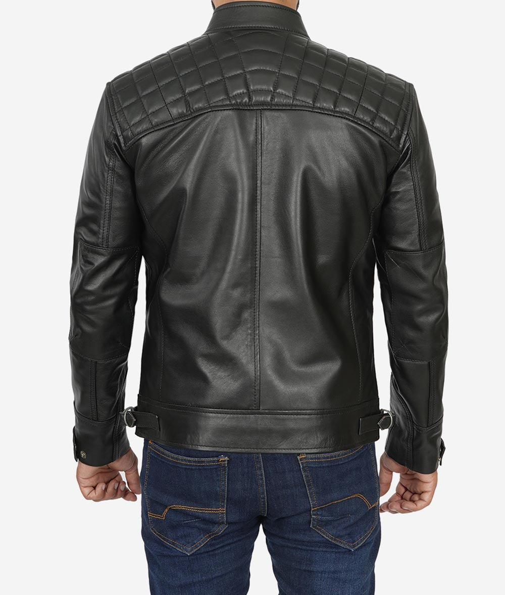 Men's Quilted Shoulder Black Cafe Racer Leather Jacket