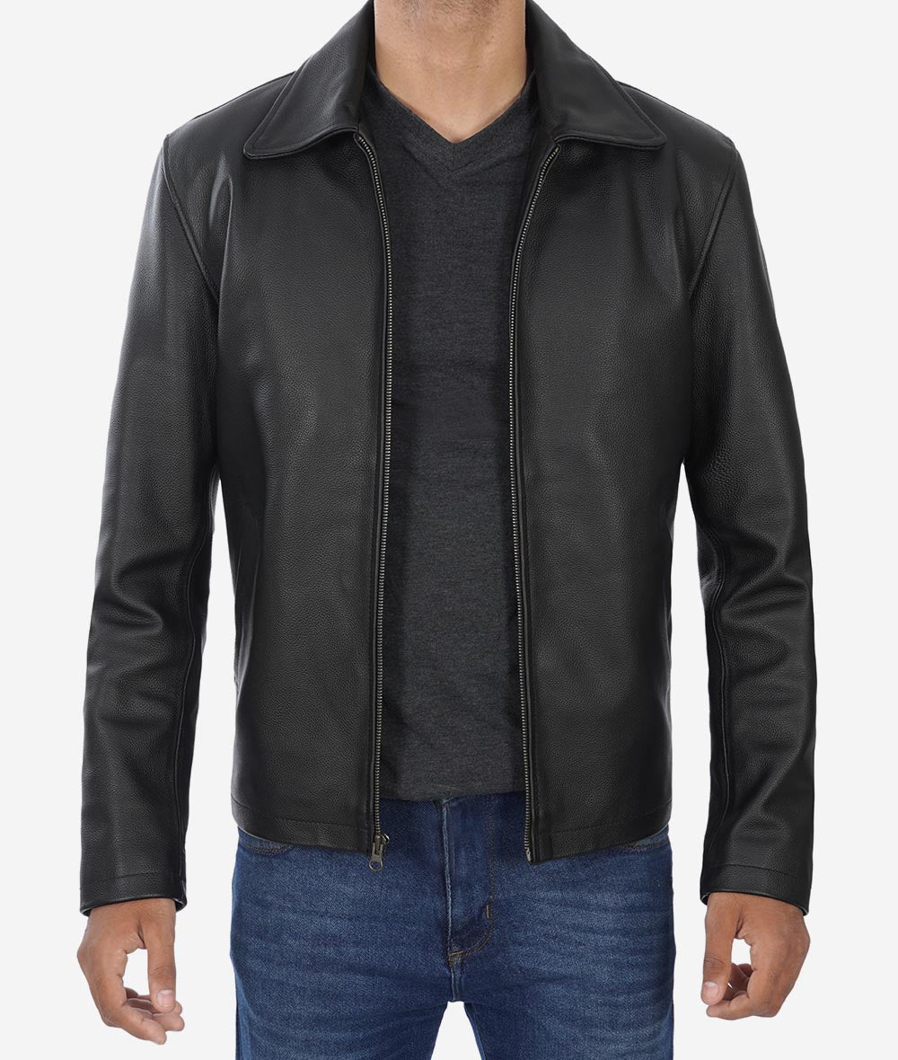 Mens Black Shirt Collar Leather Cowhide Jacket