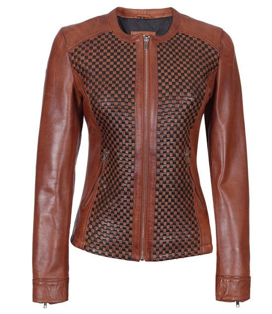 Lory Brown Women's Leather Cafe Racer Jacket with Texturing