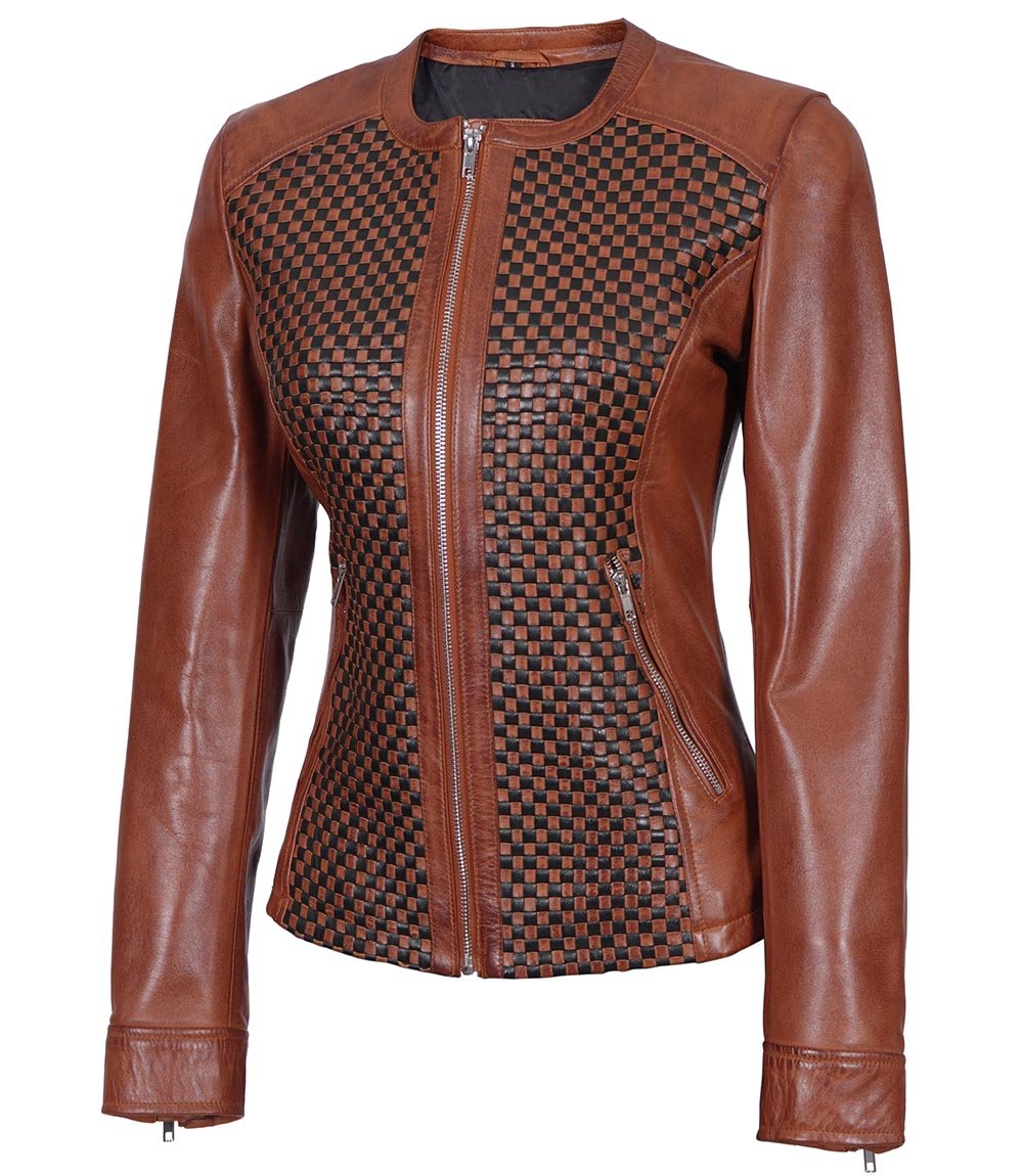 Lory Brown Women's Leather Cafe Racer Jacket with Texturing