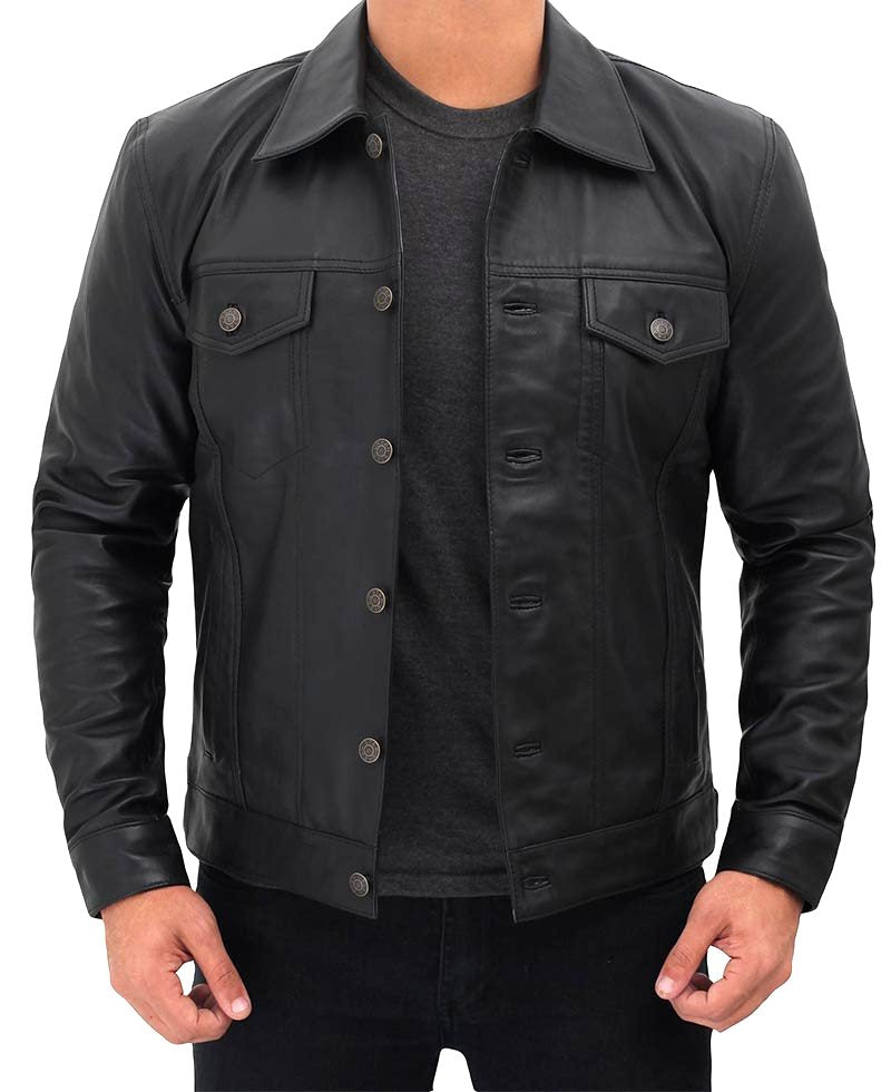 Men's Four Pockets Black Leather Trucker Jacket