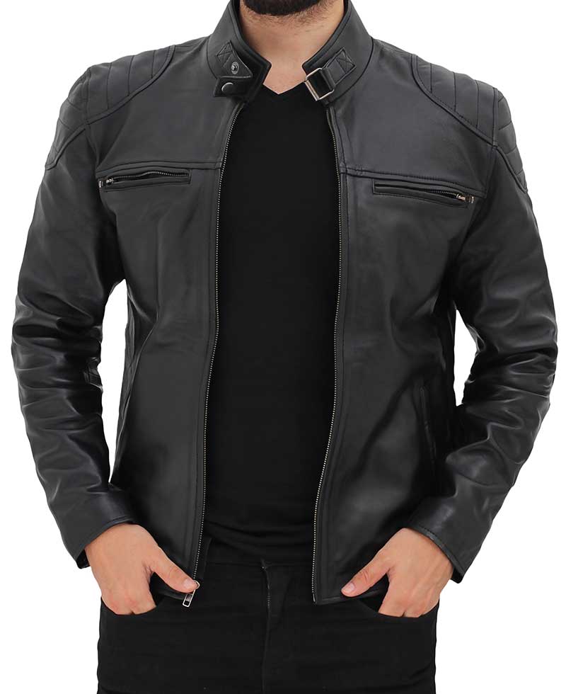 Men's Black Leather Cafe Racer Jacket with Snap Button Collar