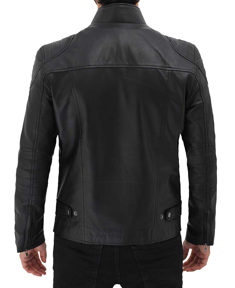 Men's Black Leather Cafe Racer Jacket with Snap Button Collar
