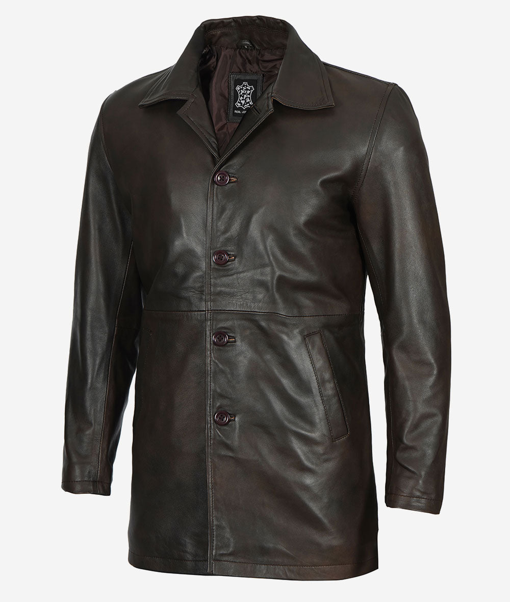 Men Distressed Brown 3/4 Length Leather Coat
