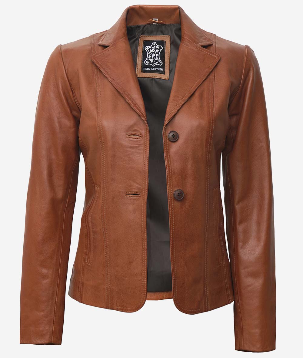 Women's Wide Lapel Two Button Tan Leather Blazer