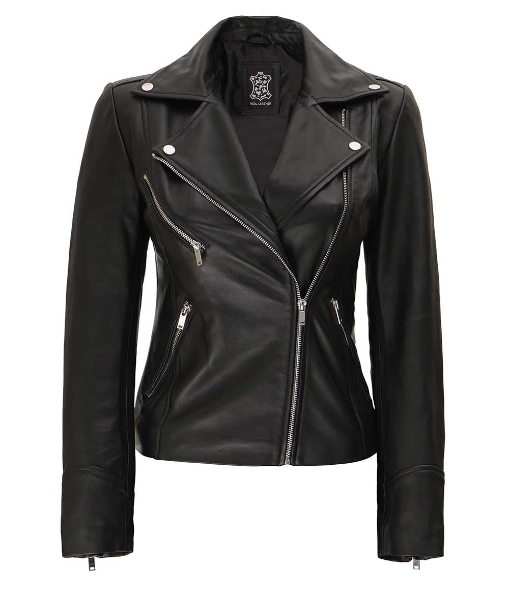 Sumi Womens Asymmetrical Black Leather Moto Jacket