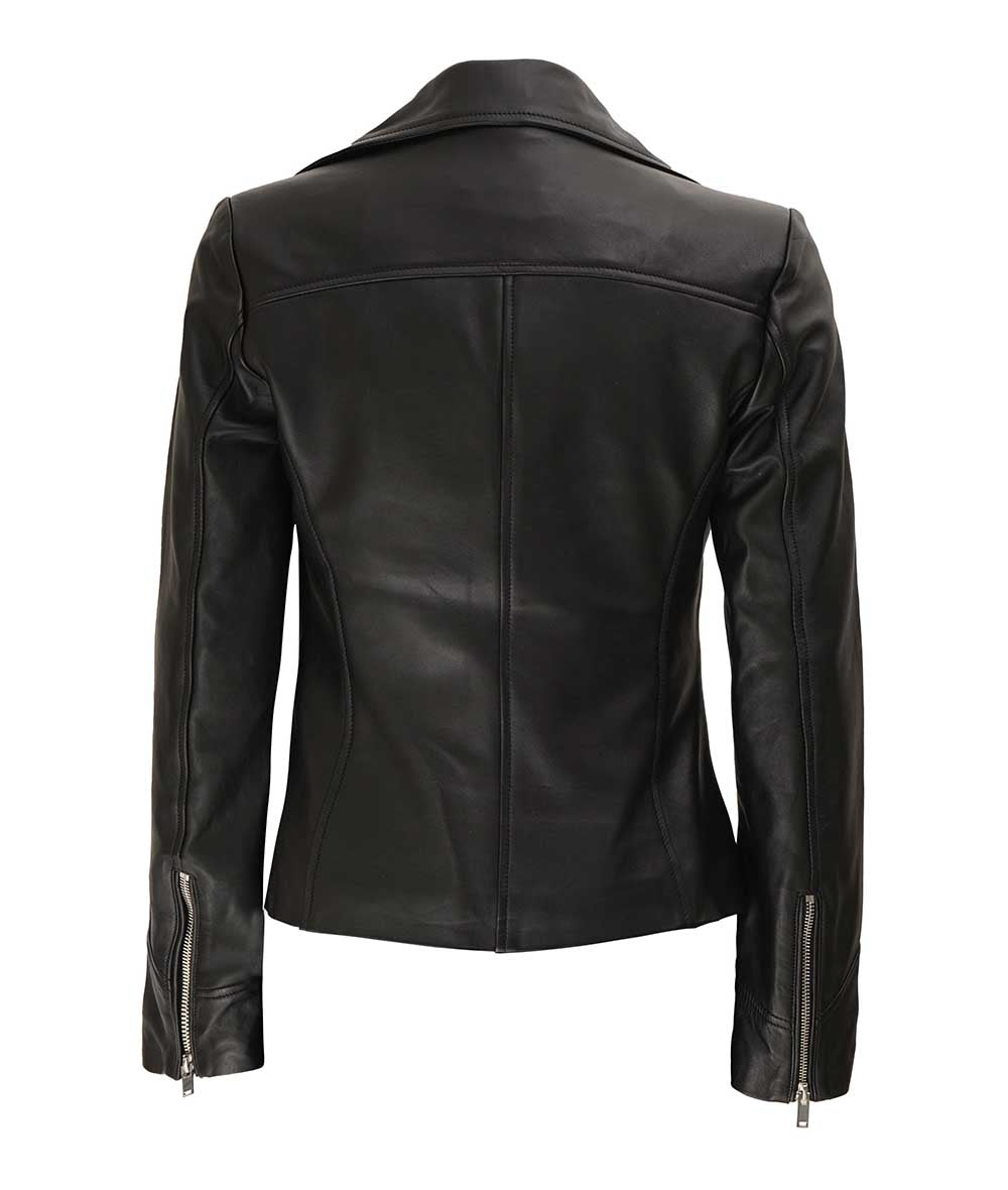Sumi Womens Asymmetrical Black Leather Moto Jacket