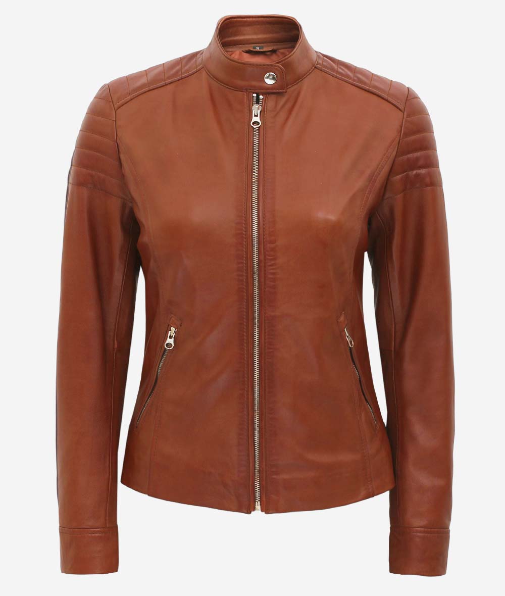 Carmie Women's Tan Padded Cafe Racer Leather Jacket