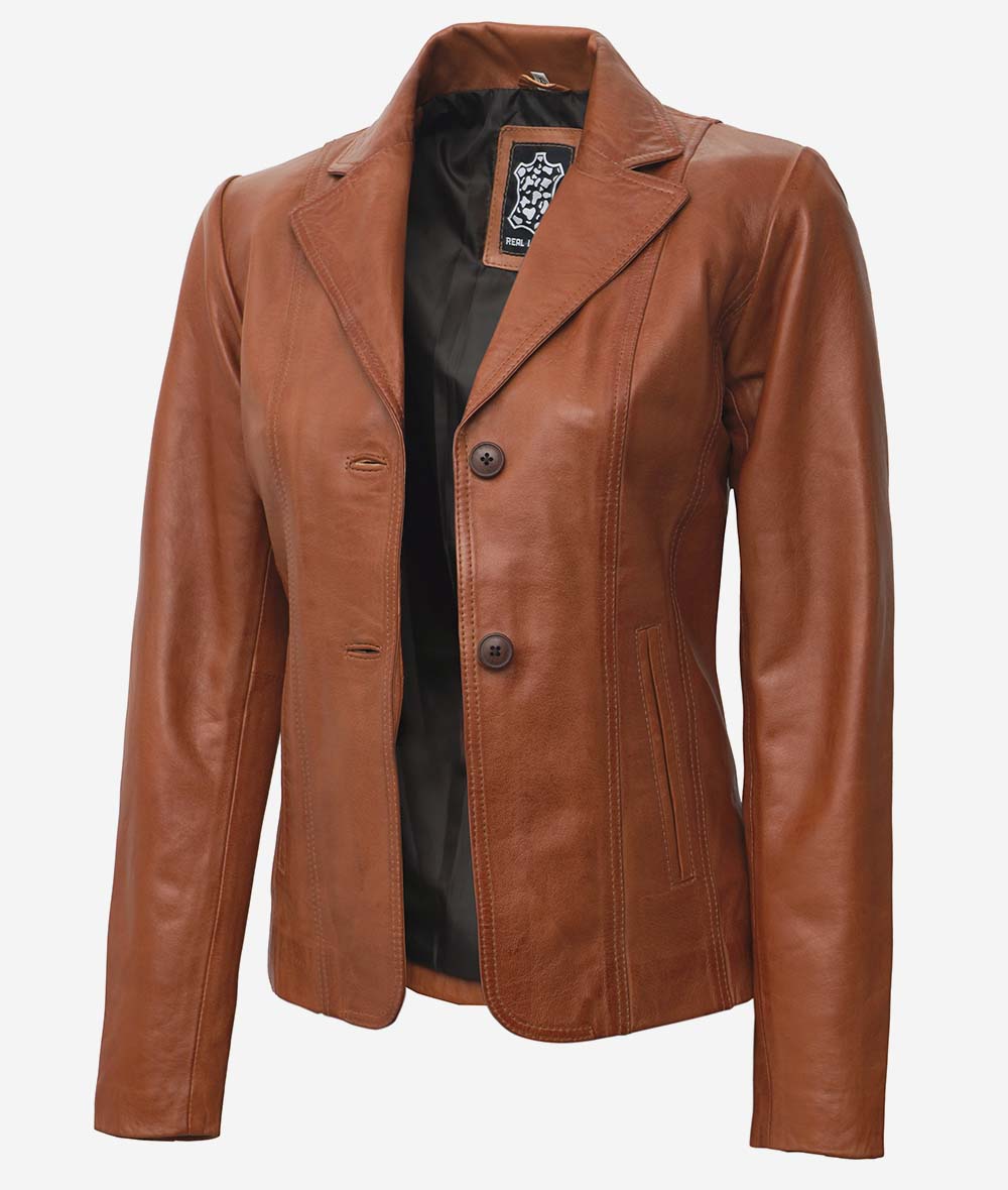 Women's Wide Lapel Two Button Tan Leather Blazer